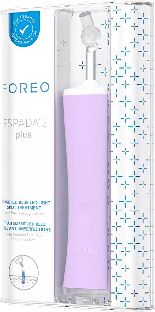 A pink purple device inside clear packaging, labeled Foreo Espada 2 Plus, used for skin treatment with blue LED light.
