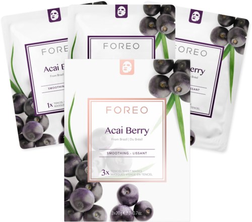 Fire ansiktsmaskepakker med acai bær-design og lilla bær, merke for hudpleieprodukt.