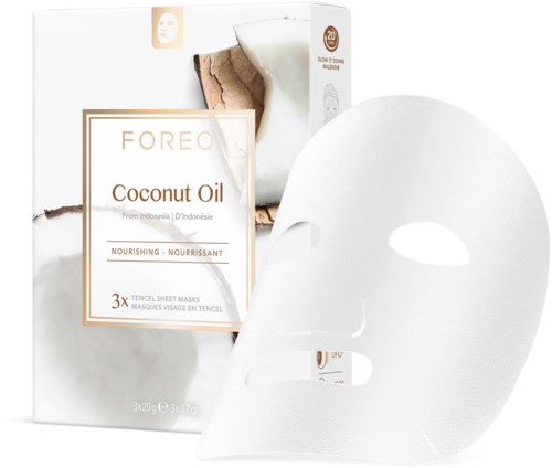 Valkoinen kasvomaski, jossa on reiät silmille ja suulle, pakkauksessa lukee "Foreo Coconut Oil," ja tietoa maskeista.
