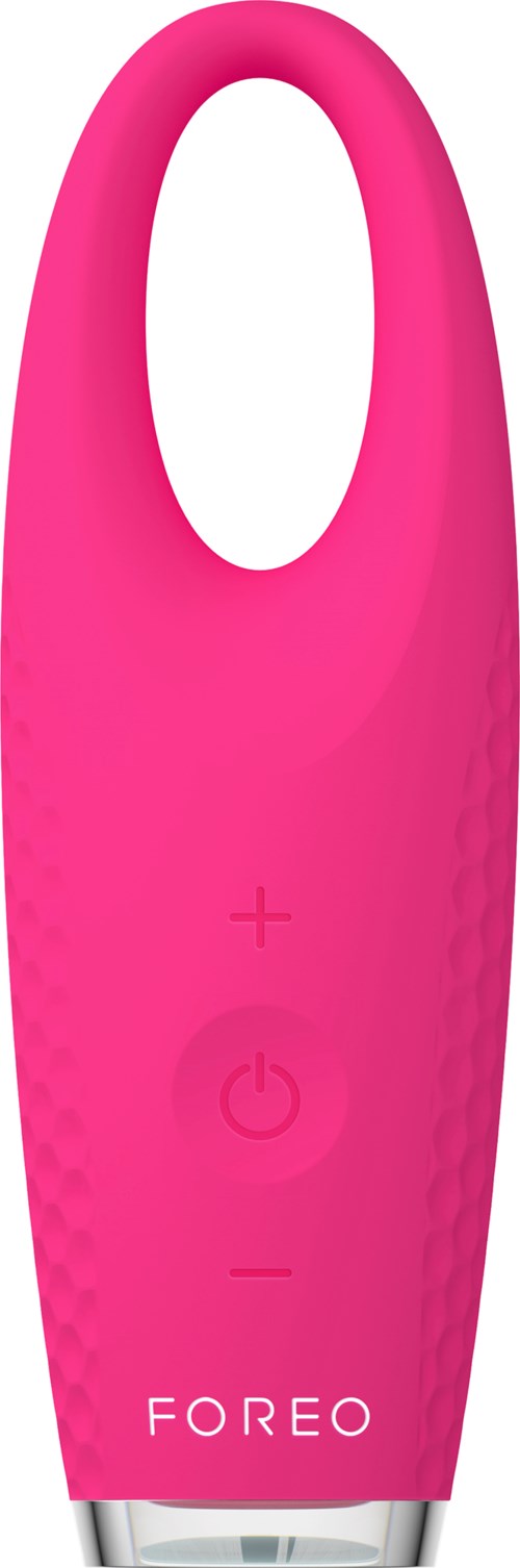 En rosa enhet med ett handtag, tre knappar och märkningen "FOREO" längst ner.