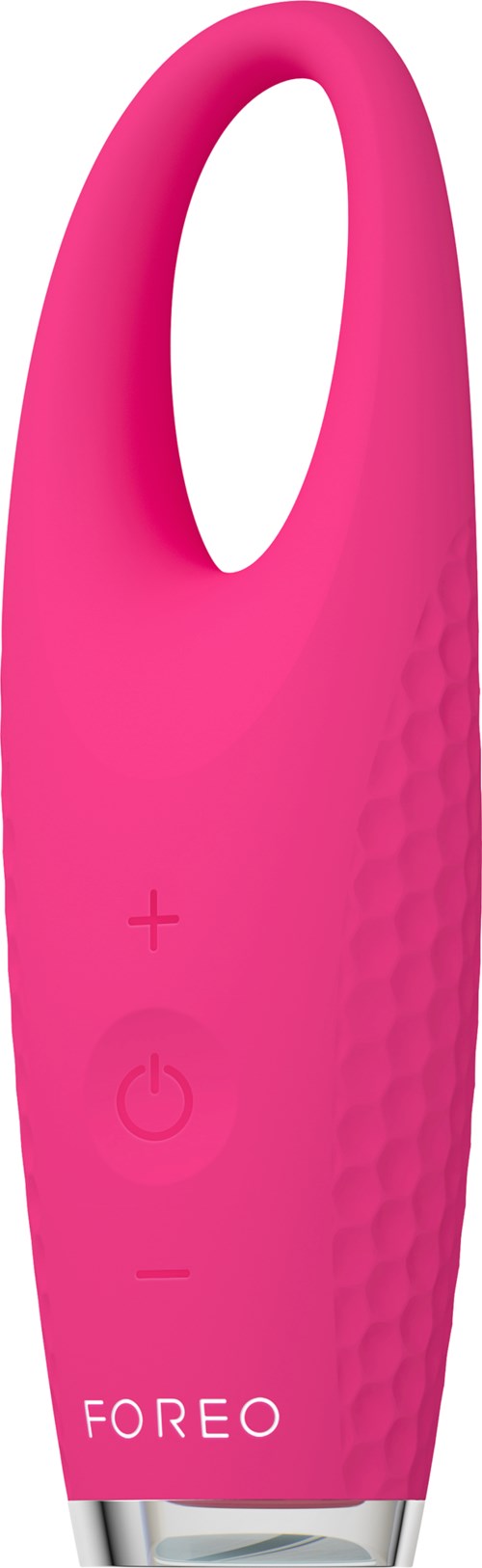 En rosa vibrerande enhet med kontrollknappar, märkt 'FOREO'.