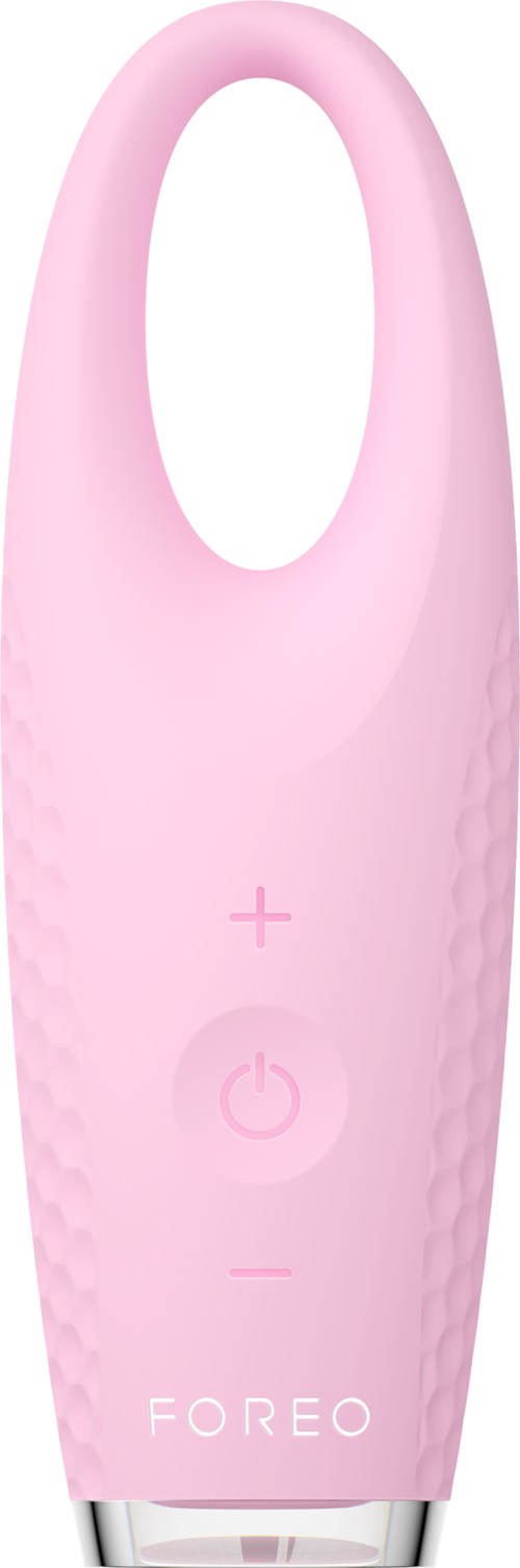Ljust rosa enhet med plus, strömbrytare och minusknappar, märkt 'FOREO' längst ner.