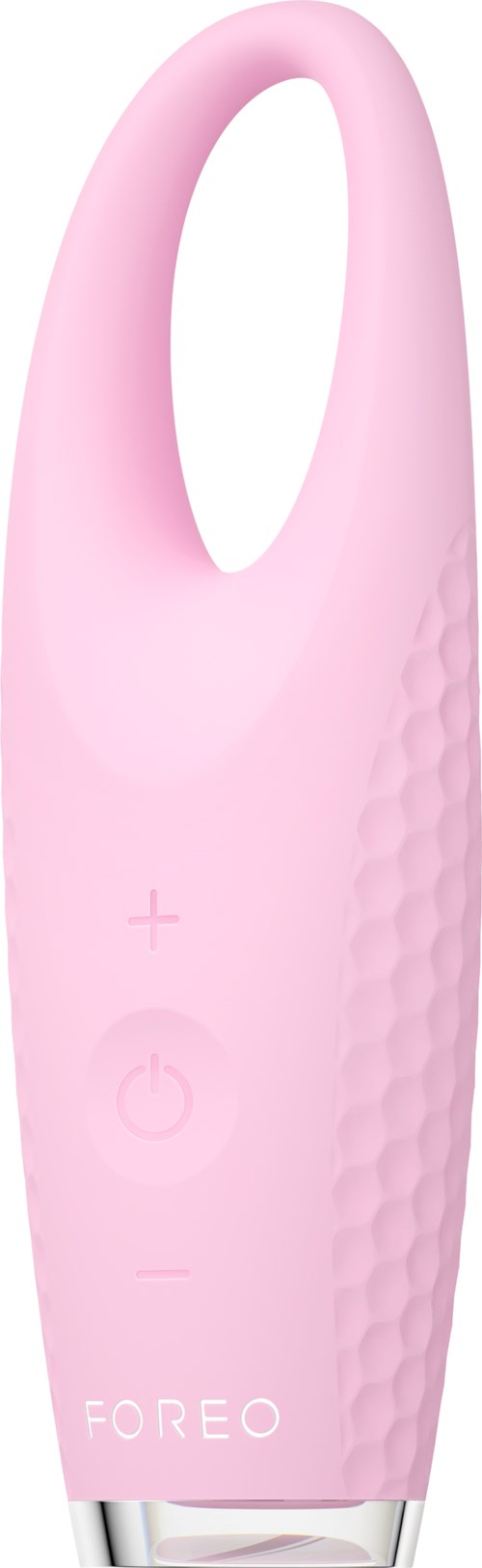 Ett rosa, loopformat verktyg med kontrollknappar och texturerat grepp, märkt 'FOREO' längst ner.