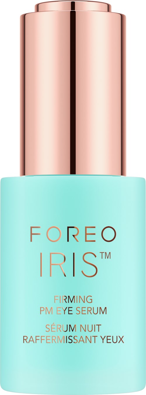 Eine Hautpflegeflasche mit hellblauer Körper und roségoldener Kappe, beschriftet 'FOREO IRIS' für Augenserum.