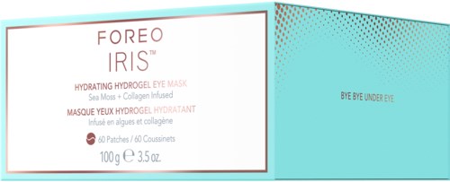 Pudełko Foreo Iris nawilżająca maska pod oczy z morską trawą i kolagenem. Zawiera 60 plastrów, 100 g.