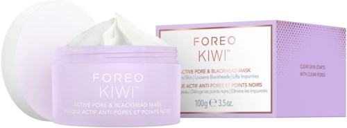 Fioletowe opakowanie i pudełko na produkt do pielęgnacji skóry nazwy Foreo Kiwi, z kremem wewnątrz i tekstem na opakowaniu.