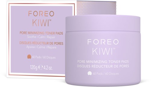 Pojemnik i pudełko z Foreo Kiwi pore-minimizing toner pads w fioletowym i białym kolorze, z opisem produktu.