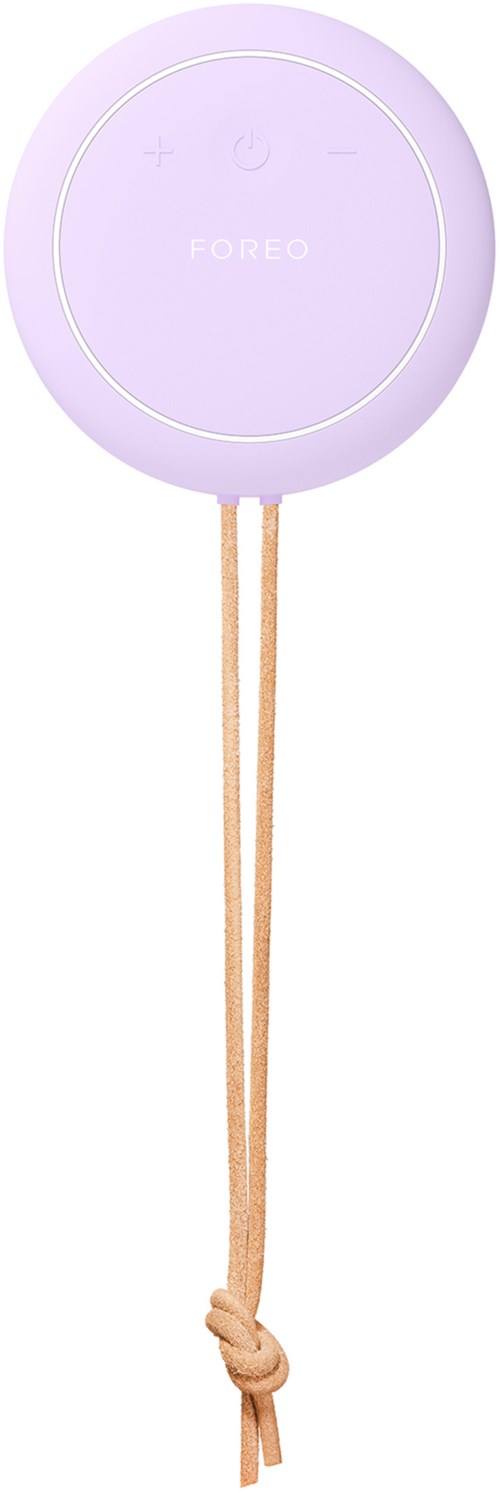 Pyöreä, violetti laite yläosassa olevilla ohjauspainikkeilla, kiinnitettynä beigeen naruun, joka on solmittu solmuun.