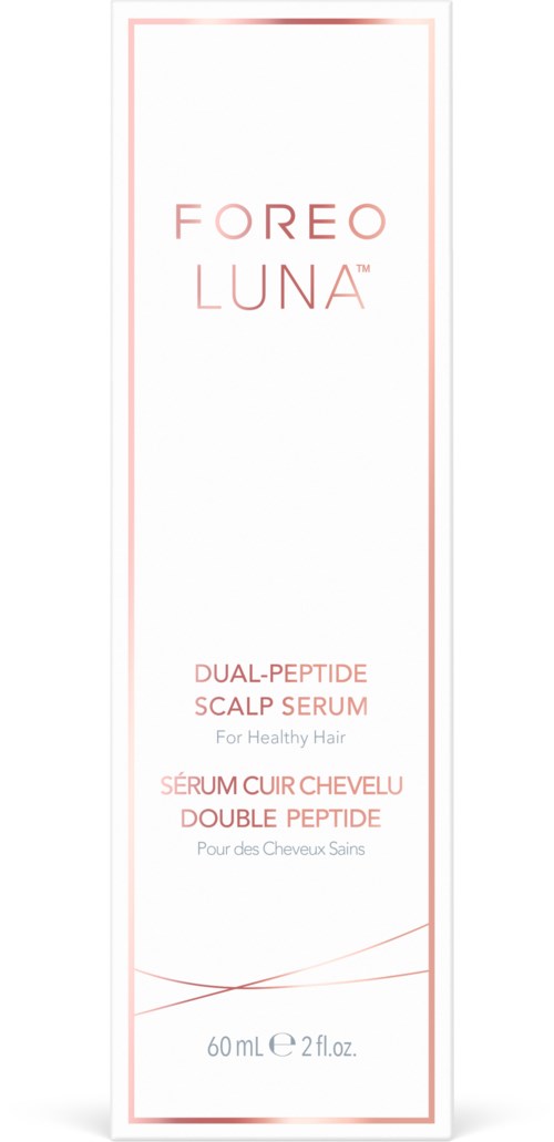 En vit box med rosa text om ett skäggserum för frisk hår, 60 ml. Etiketten nämner "Foreo Luna".