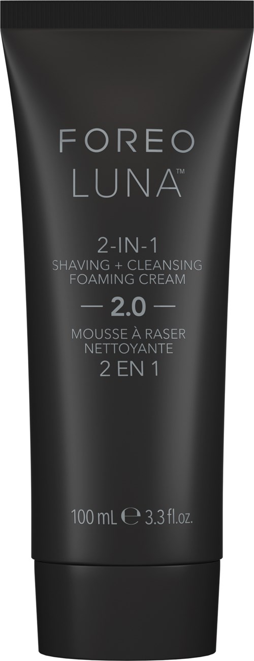 En svart tub med Foreo Luna 2-in-1 rengöringsskum för ansiktet, 100 ml, för rakning och rengöring.