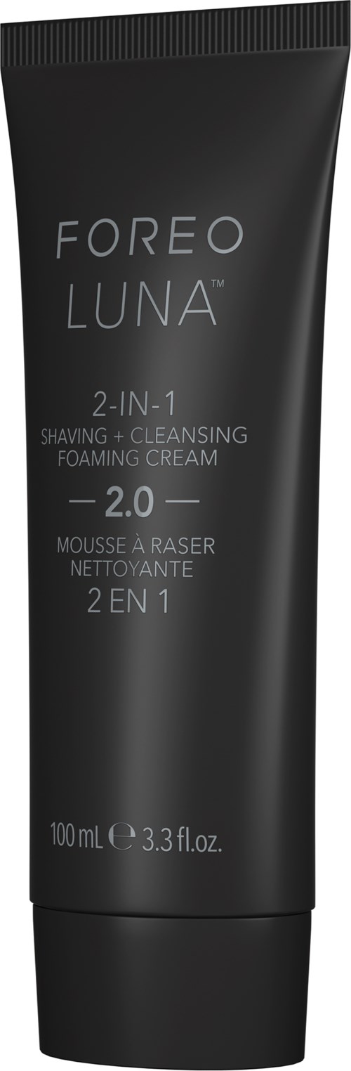 En svart tub märkt 'Foreo Luna 2-1', för rakning och rengöring, med produktuppgifter och storlek på fronten.