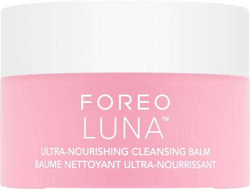 Różowo-biały słoik Foreo Luna Ultra-Nourishing Cleansing Balm. Nazwa i opis produktu są widoczne.