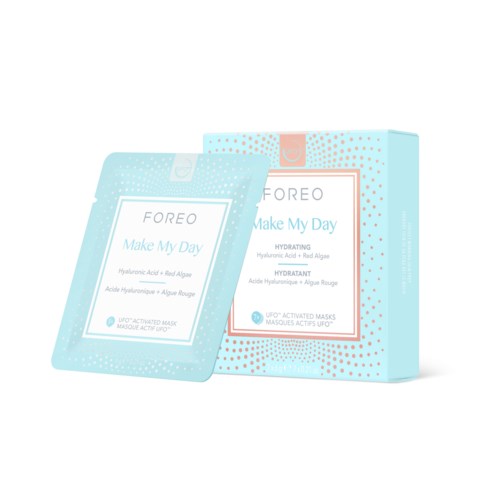 En hudvårdsprodukt förpackning med en mask som heter 'Make My Day' från FOREO, med återfuktande ingredienser som hyaluronsyra.