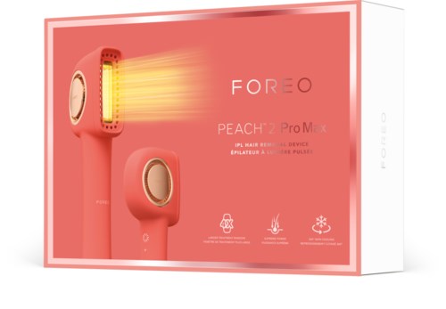 Ett rosa emballage visar en enhet för hudbehandling med handtag, munstycke och lampor, märkt 'FOREO Peach'.