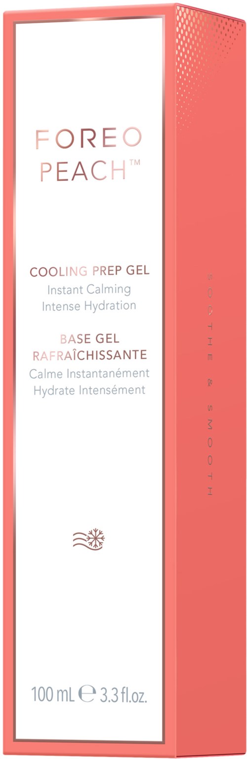 En rosa låda med vit etikett, visar produktnamnet Foreo Peach och beskriver en kylande gel för hudhydrering.