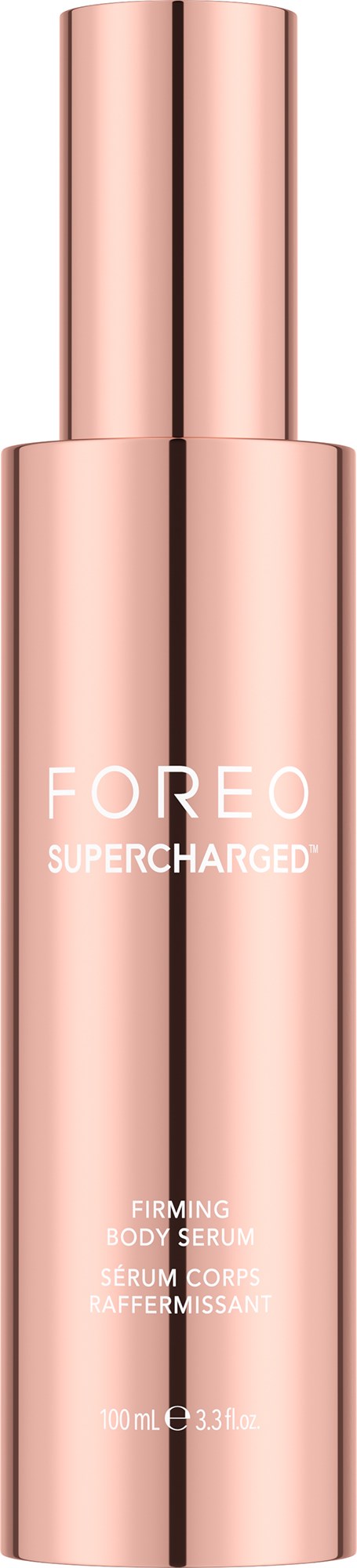 En lång, rosa, cylindrisk flaska med lock. Etiketten lyder 'FOREO SUPERCHARGED FIRMING BODY SERUM.'