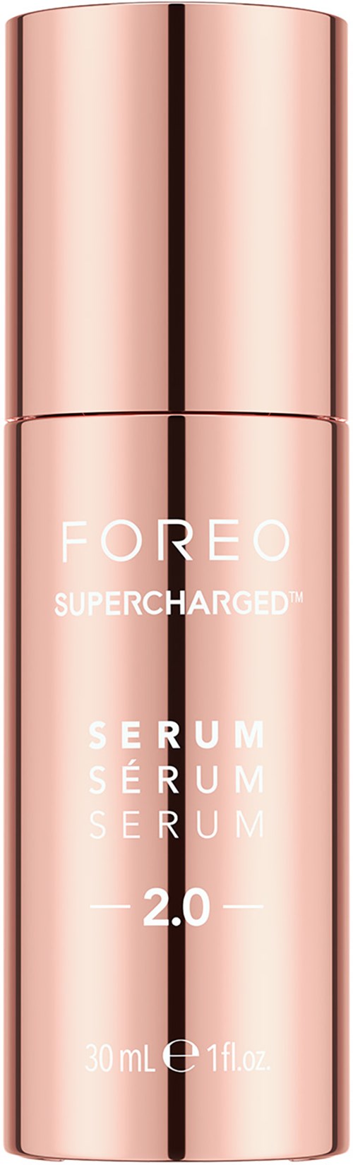 A rose gold cylindrical bottle with white text, labeled 'FOREO SUPERCHARGED SERUM 2.0,' containing 30 mL of serum.