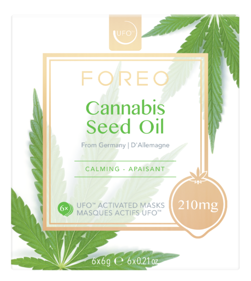 Produkt med cannabisfröolja med gröna blad, innehåller 210 mg, från Tyskland, och nämner lugnande effekter.