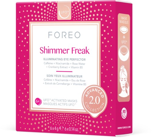 Pink box with white dots, contains masks named 'Shimmer Freak', includes instructions and logos for skincare benefits.