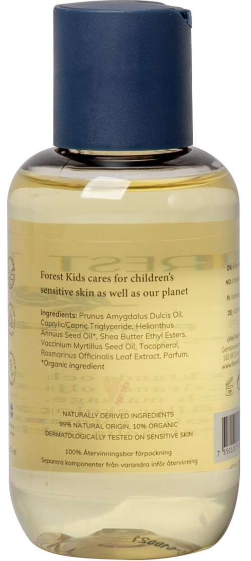 En liten flaske med blå lokk inneholder babyolje. Merket nevner naturlige ingredienser og er skånsom for sensitiv hud.