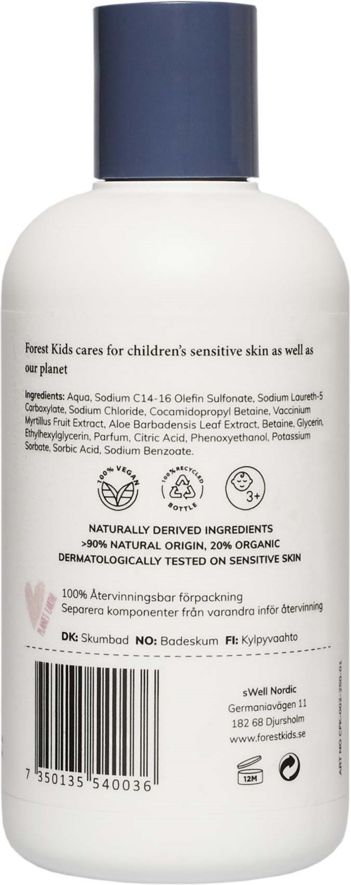 Flaske med hudpleieprodukt, liste over ingredienser, symboler, strekkode og resirkuleringsikon på etiketten.