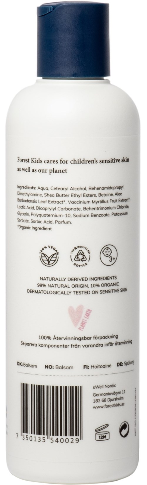 En hvit flaske med blå lokk, inneholder hudpleie for barns følsomme hud og planeten.