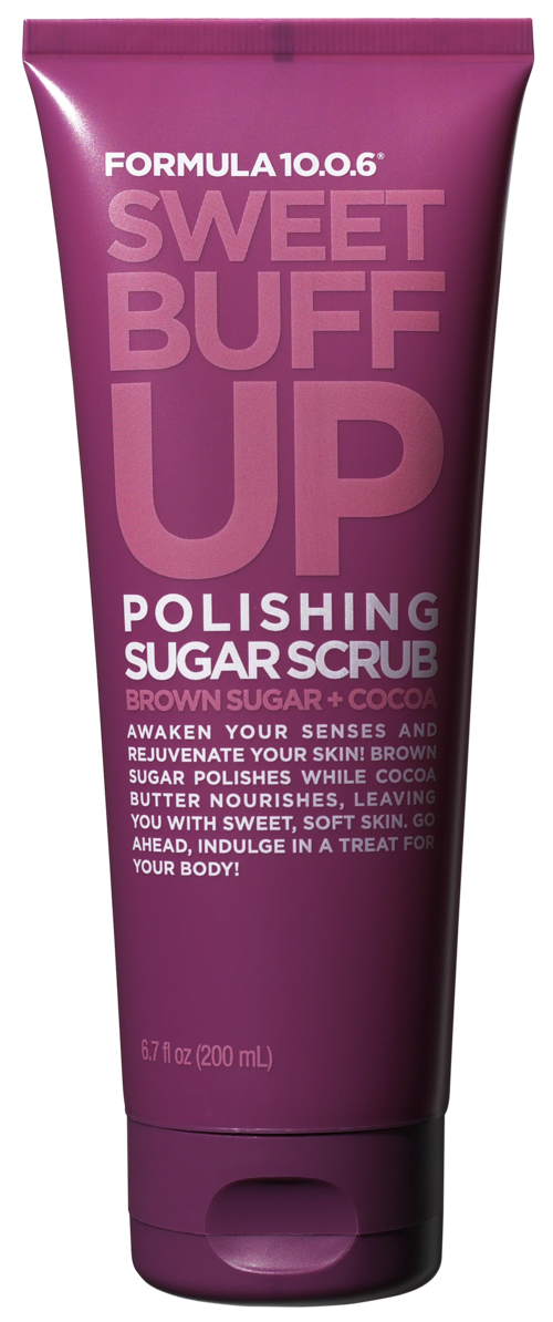Rosa tub med Sweet Buff Up polerings sukker scrub med brunt sukker og kakao duft.