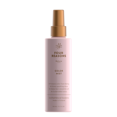 En rosa sprayflaska med guldlock märkt 'Four Reasons Color Mist'. Den skyddar färgen och gör håret glänsande och mjukt.