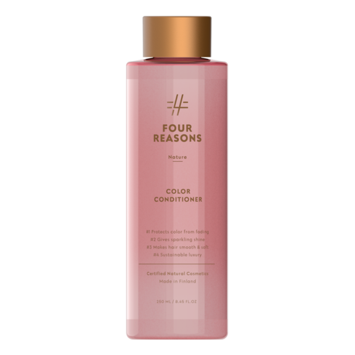 Rosa flaske med gullhette, merket 'Four Reasons Color Conditioner'.
