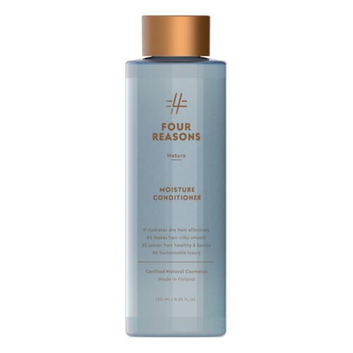 En høy, lys blå flaske med gullhette merket 'Four Reasons Nature Moisture Conditioner.'