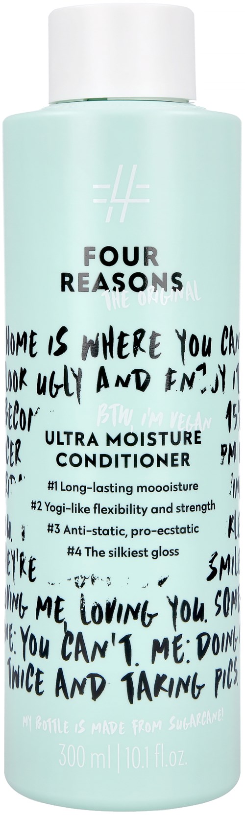 En ljusgrön flaska med Four Reasons Ultra Moisture Conditioner med svart och vitt text och handstilsinspirerad skrift.
