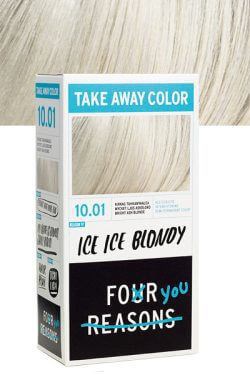 En hårfärgningskartong märkta 'Take Away Color' med tema isblond och fyra skäl.