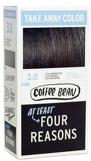 En hårfärgspaket med en mörk hårprovs, märkt 'Take Away Color 3.0', och en slogan 'At Least Four Reasons.'