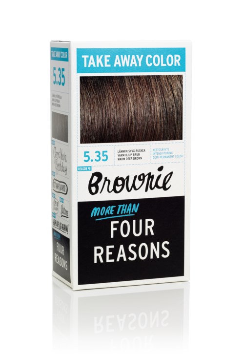 En hårfärgningskartong med brunt hår, märkt 'Take Away Color 5.35' och 'Brownie', med en bild av brunt hår.