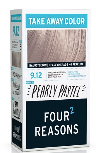 En box med hårfärg i ljus pärleaska färg med varumärke och produktuppgifter, inklusive 'Four Reasons' och 'Take Away Color'-etiketter.