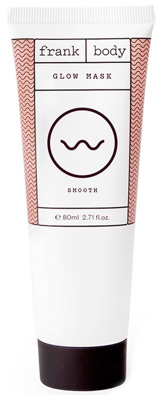 En hvit tube med svart lokketabelt 'Frank Body Glow Mask' med smilende ansikt, designet for hudpleie.