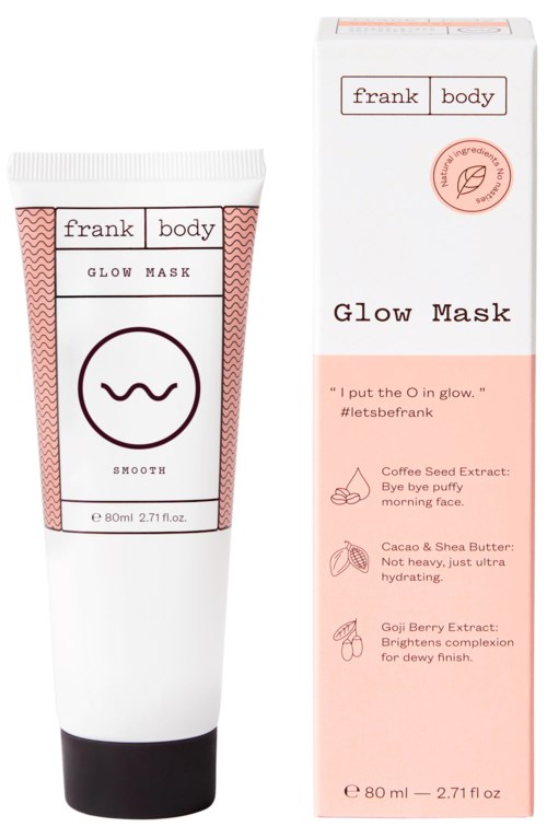 Frank Body Glow Mask rør og eske med ingredienser og logo på hvit bakgrunn.