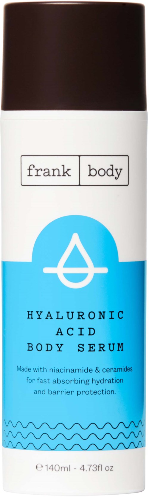 Eine weiße Flasche mit schwarzem Deckel, beschriftet 'frank body', enthält Hyaluronsäure-Körperserum. Blaue Sektion mit Produkt Details.