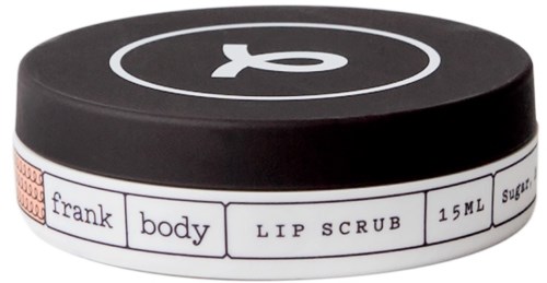En svart burk med en vit etikett som säger 'Frank Body Lip Scrub 15ml'. Locket har en fisklogo.