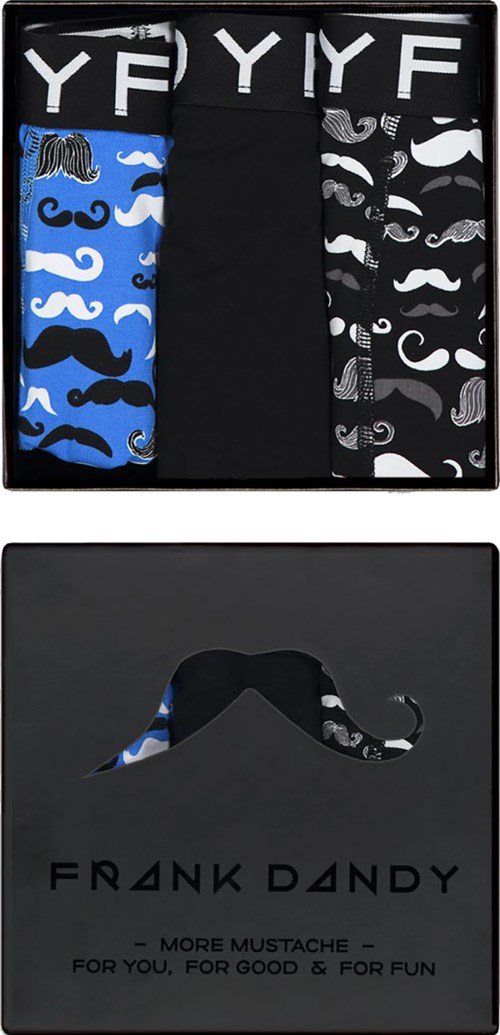 A set of men's underwear with mustache patterns, featuring blue and black colors, and the brand name 'Frank Dandy'.
