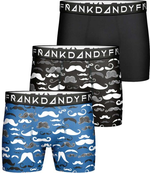 Three pairs of men's boxer briefs with mustache designs in black, gray, and blue colors. Each pair has a branded waistband.