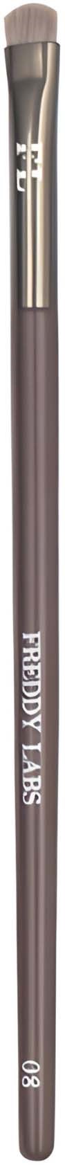 A long makeup brush with a brown handle and soft bristles at the top.