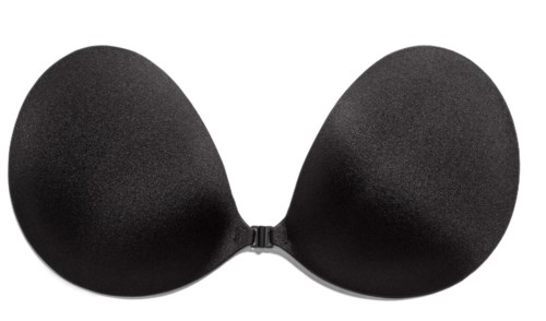 A black, adhesive bra with cups connected by a small clip in the center.