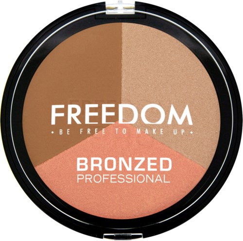 En kompakt med tre färgsektioner märkt Freedom, Bronzed och en oläslig text, som marknadsför makeup eller bronzerprodukter.