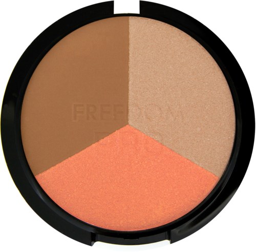 En rund kompakt med tre puderskuggor: brunt, beige och orange. Skuggorna är uppdelade i sektioner.