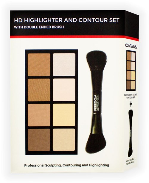 Sminkuppsättning med fem nyanser och en borste för contouring och highlighing.