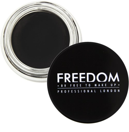 Svarte sminke-gel i en rund beholder med svart lokk som sier 'FREEDOM' og 'BE FREE TO MAKE UP'.