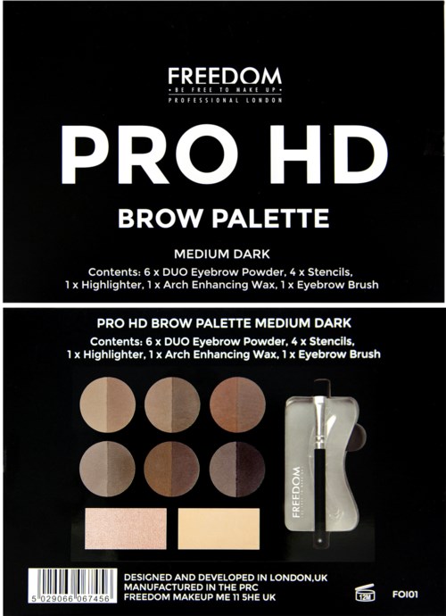 En svart skylt visar en ögonbrynspalett för makeup, inklusive puder, stenciler, borste och highlighter.