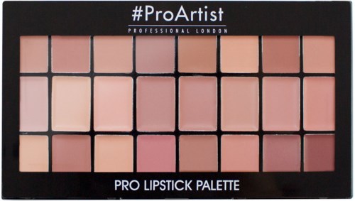 En palett med 15 olika nyanser av läppstift, arrangerade i rader i ett svart fodral märkt '#ProArtist' och 'PRO LIPSTICK PALETTE.'