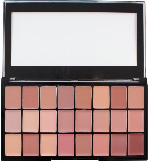 En makeup-palett med 20 nyanser av rosa, persika och nude-färger, arrangerade i fyra rader i ett svart fodral.
